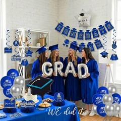 Royal Blue Silver 2026 Graduation Party Decor – Balloons, Banner, Swirls & Cente
