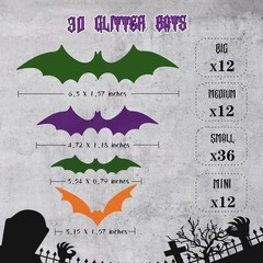 72PCS Halloween Bats Decoration, 4 Sizes PVC Green Orange Purple 3D Stickers