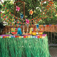 Realistic Look Plastic Green Grass Skirt Table Border w/ Tropical Flowers #117