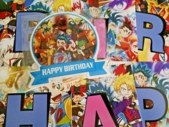 Anime Happy Birthday Banner with cup cake + cake topper. party decorations