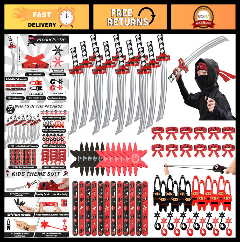 72Pcs Karate Party Favors Set – Inflatable Swords, Headbands, Slap Bracelets, De