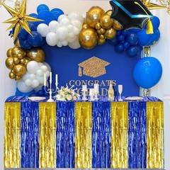 2 Pack Blue Gold Table Skirts Party Decorations Metallic Tinsel Foil Fringe