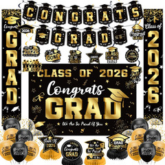 Graduation Decorations 2026 Set Black Gold Banner Backdrop Balloon Kit Swirls