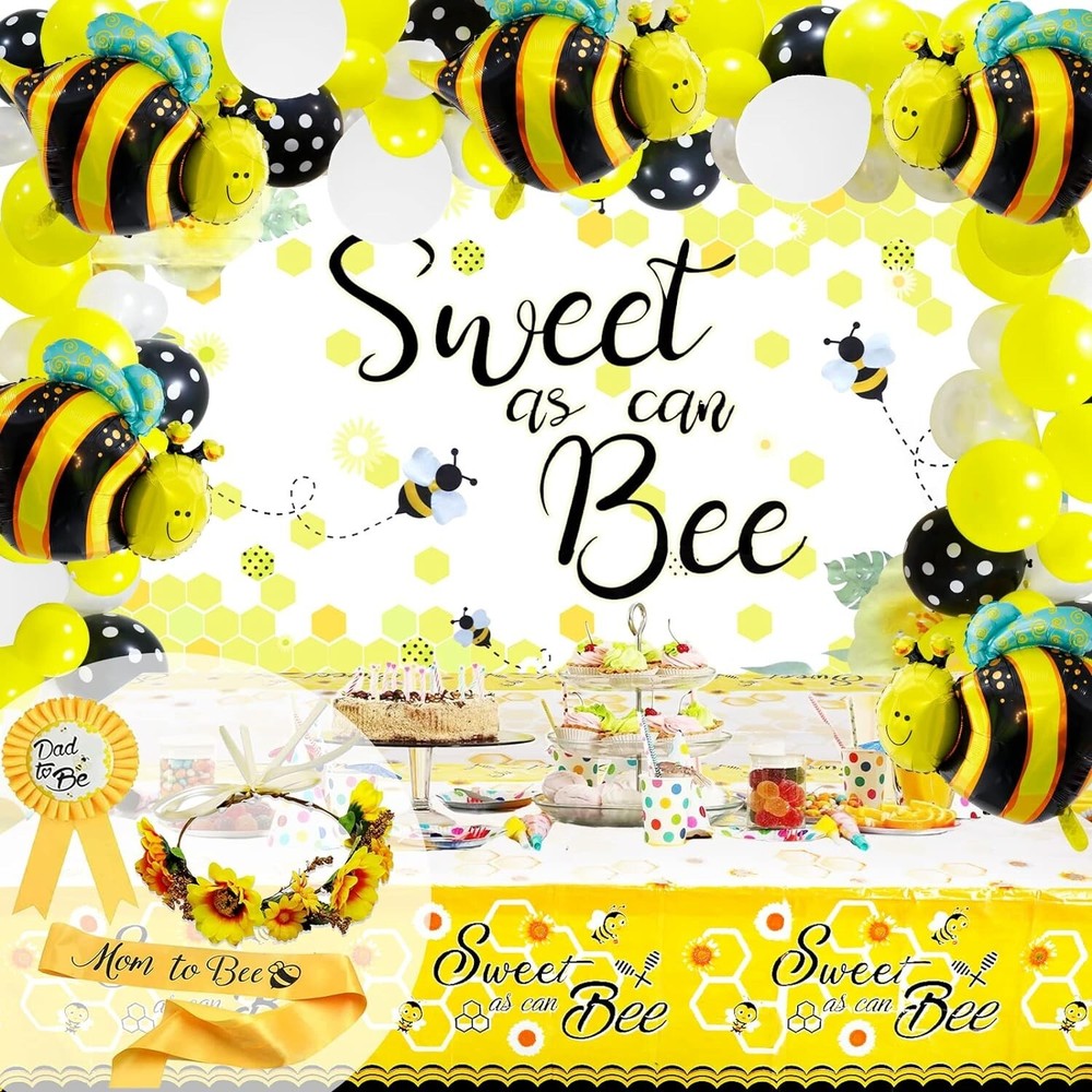 133 Pcs Bee Baby Shower Party Supplies – Backdrop, Tablecloth, Balloons, Sash,..