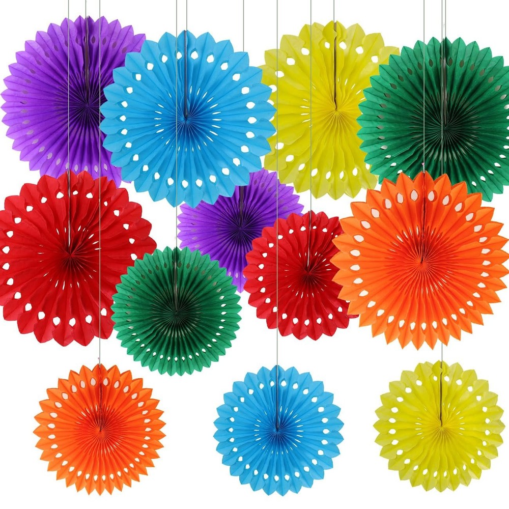 Colorful Hanging Paper Fans Rainbow Honeycomb Round Tissue Decor 12 PCS