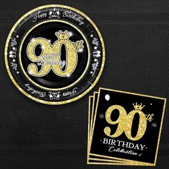 Elegant 90th Birthday Decorations, Black Gold Disposable Plates & Napkins for 30