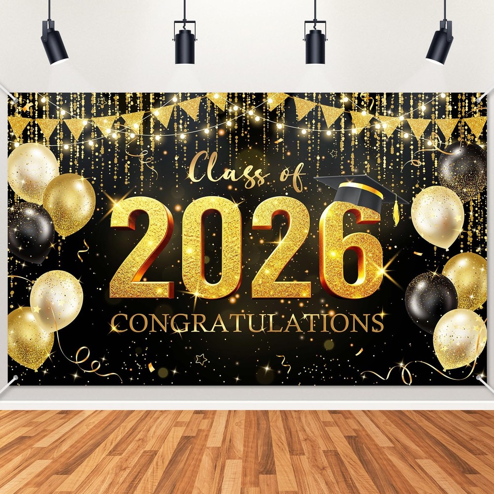 Graduation Backdrop Black and Gold Congratulations Class of 2026 Banner 2026 Gra