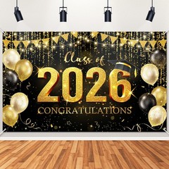 Graduation Backdrop Black and Gold Congratulations Class of 2026 Banner 2026 Gra