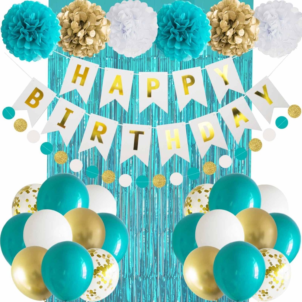 Teal Blue and Gold Happy Party Decorations Banner Turquoise Aqua Foil Fringe …