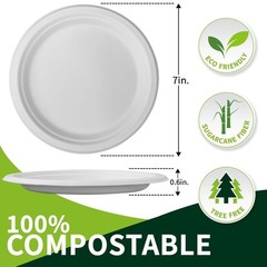 7 Inch Compostable Paper Plates 【White 150 Pack】, 100% Sugarcane B