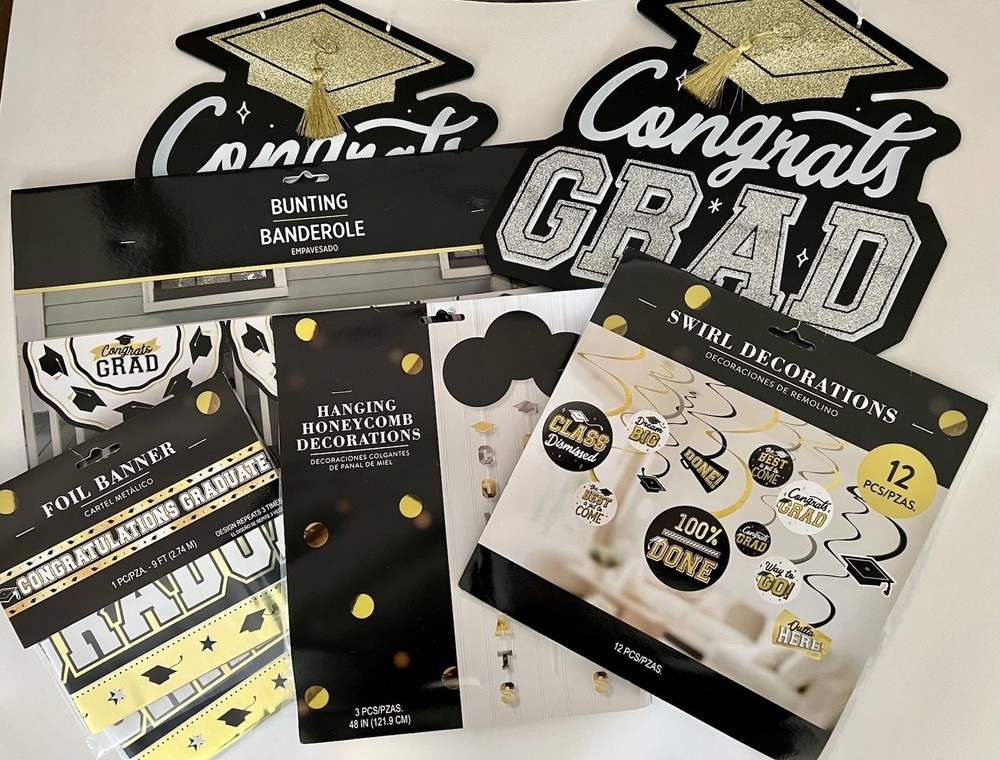 New Gold Black White Silver Congrats Congratulations Graduation Decorations