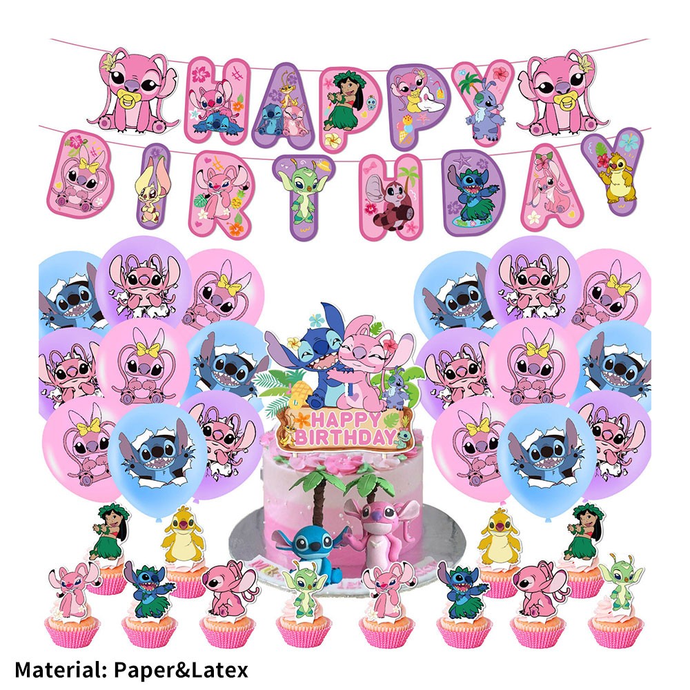 Lilo & Stitch Birthday Party Decorate Supplies Set，Balloon Banner Cake Toppers