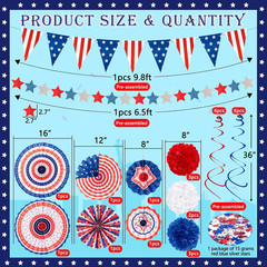 29PCS Patriotic Party Decorations Set Paper Fans Banner Swirls Pom Poms Stars