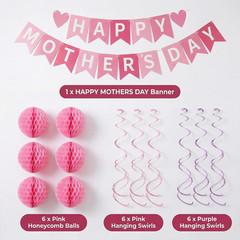 Happy Mothers Day Decorations Set – Pink Mothers Day Banner Sign Decor with 6 Ho