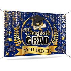 Congrats Grad Banner Class of 2026 Graduation Backdrop Blue and Gold Graduati…