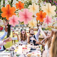 15 PCS Pink Orange Paper Flowers Lanterns Floral Backdrop Wall Decor