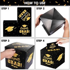 Graduation Decorations 2026 Card Box, Black Gold Congrats Grad Paper Gift Crad B