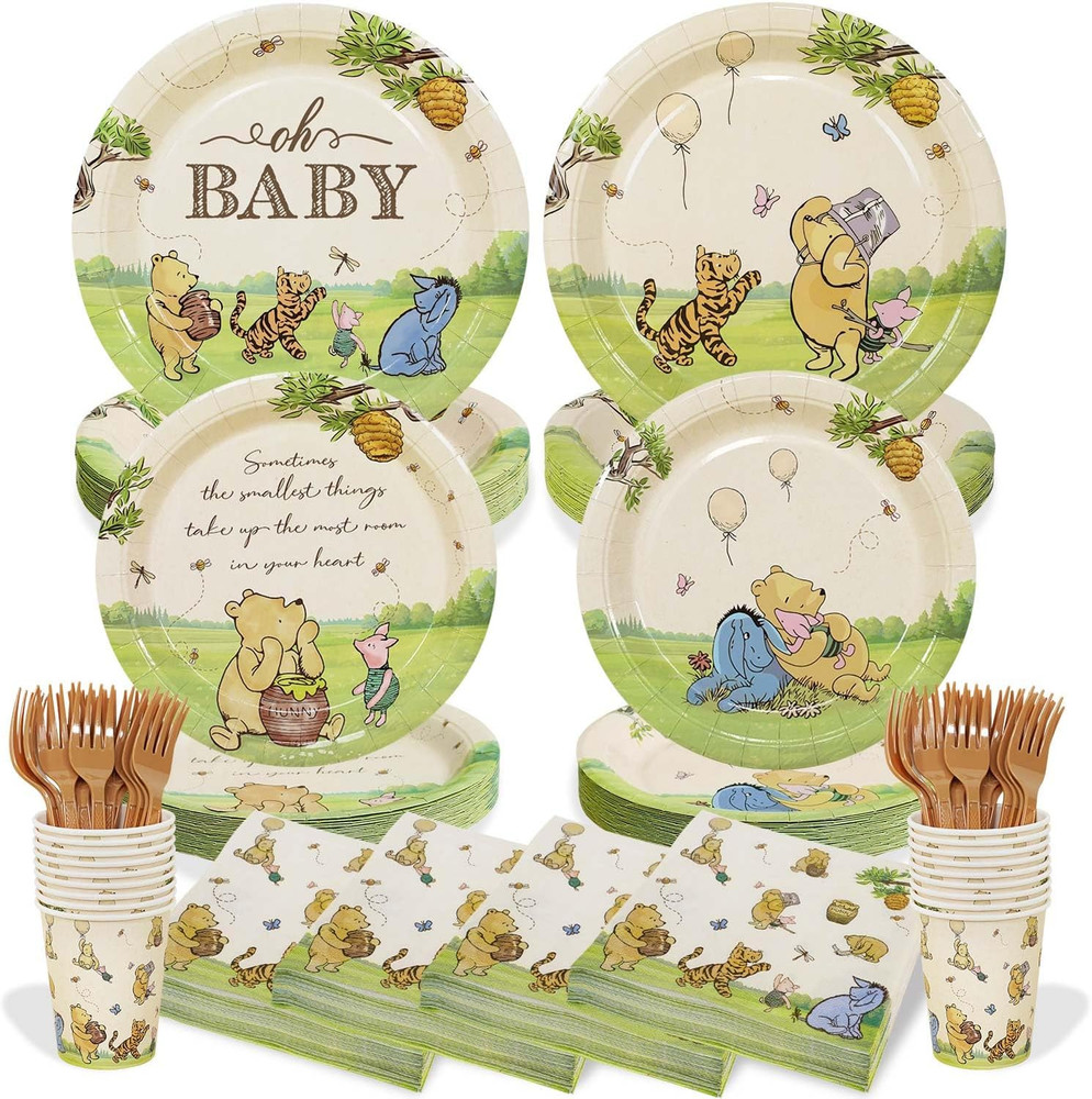 300Pcs Classic Winnie Bear Baby Shower Decorations Plates Set for 50 Guests, Vin