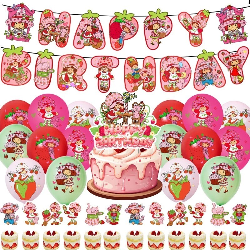 Strawberry Shortcake Themed Birthday Party Decoration Banner Balloon Cake Topper
