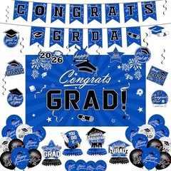 2026 Graduation Decorations Set – Blue Congrats Grad Banner, Backdrop, Balloons