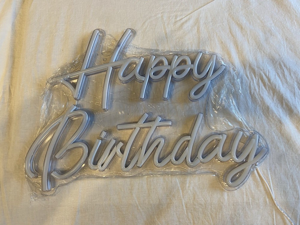 LED Neon Happy Birthday Party Backdrop Sign, White Plastic, Birthday Decoration