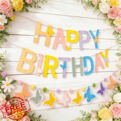 OBBOLO Yellow Pink Blue Butterfly Birthday Banner