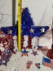 Patriotic Decorations Patriotic Bow, Tinsel Star, Tablecloth, Window Clings…..