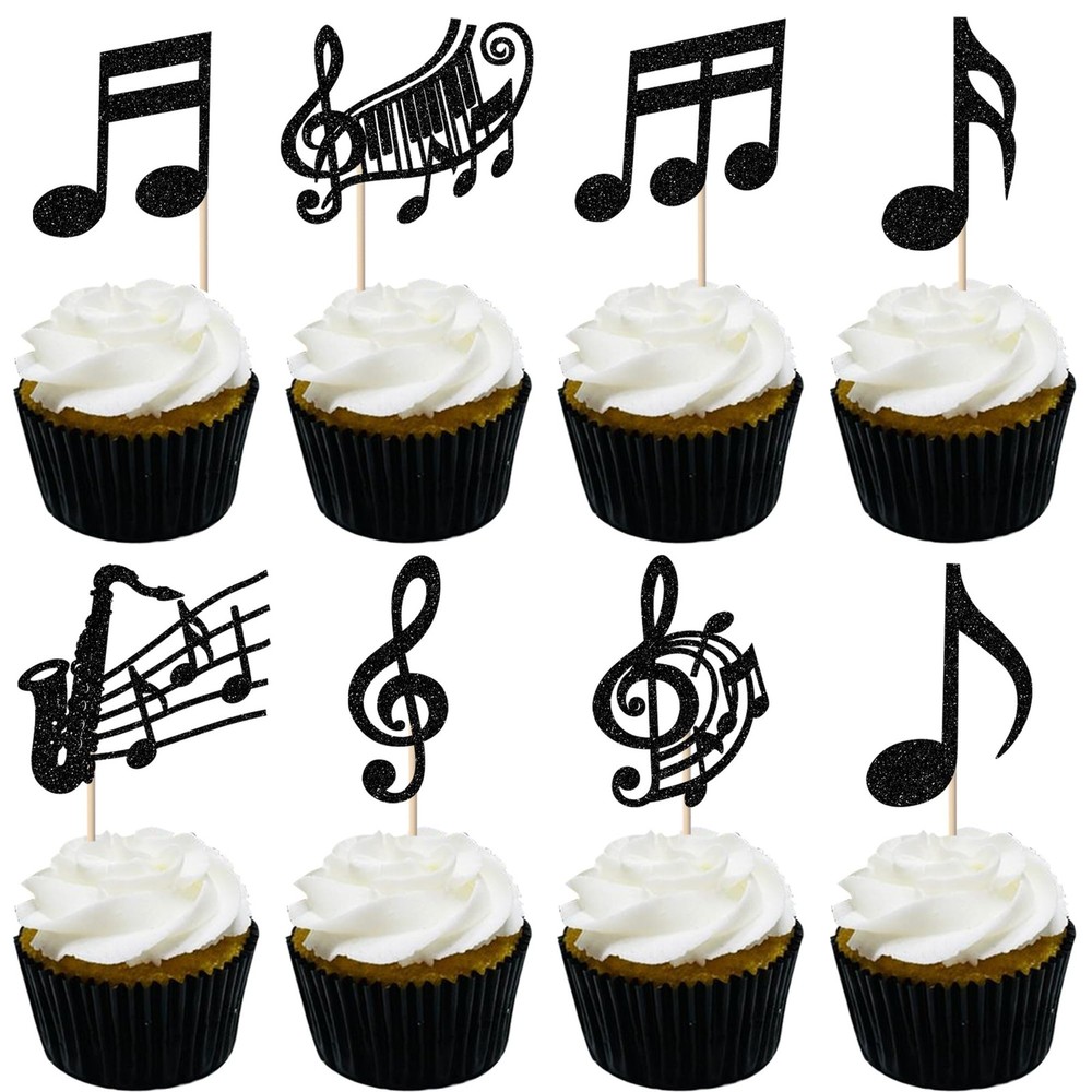 24 Pack Music Notes Cupcake Toppers Glitter Black Music Theme Party Decoratio…