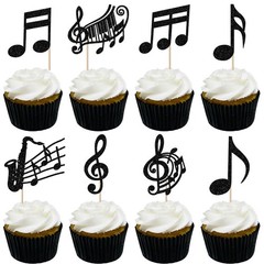 24 Pack Music Notes Cupcake Toppers Glitter Black Music Theme Party Decoratio…
