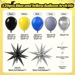 129pcs Blue and Yellow Balloon Arch Kit with Blue Gray Silver Black and Yello…
