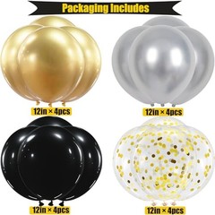 Happy Birthday Banner Gold Birthday Decoration, 16 Pcs 12in Balloons with Black