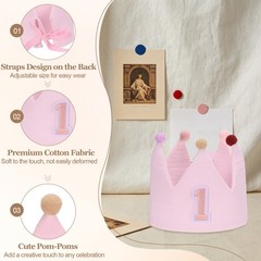 1st Birthday Crown Hat Reusable Party Hats with Elastic Band, Pink