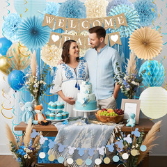 Baby Shower Decorations Kit, Welcome Baby Banner with Dusty Blue Paper Lanterns,