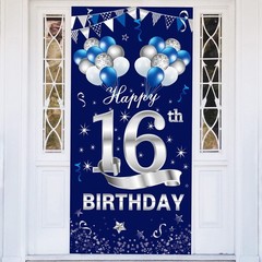 Blue Silver 16th Door Banner Decorations, Happy 16 Door Cover Sign Party Supp…
