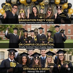 Graduation Selfie Photo Booth Frame 27x19in Black Gold with 18 Props – Party