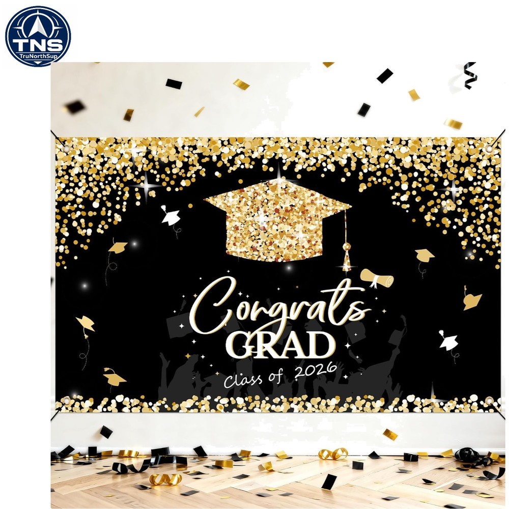 2026 Graduation Decorations Black and Gold Backdrop 71×43 inch for Grad Party