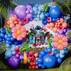 ALL-IN-1 Blue Alien Balloon Arch Kit with BONUS Palm Tree & Tropical Flowers for
