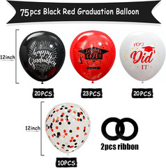 75 Pack Graduation Party Decorations Balloons Set – 12 Inch Black Red Confetti G