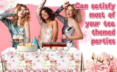 Pink Floral Tea Party Tablecloth, Girls Tea Party Birthday Supplies 3pcs Let’s