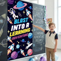 Back to School Door Banner, Blast into a Learning Adventure Decorations | Space