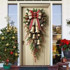 Christmas Door Cover 71×35 Inch with Golden Bells and Red Bow Rustic Winter