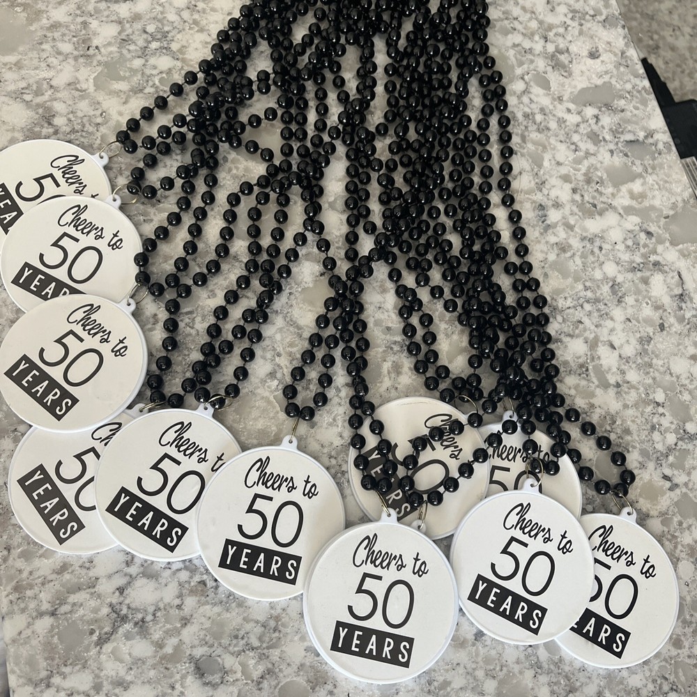 Cheers To 50 Years Black Beaded Necklace 12pc Birthday Anniversary Or Milestone