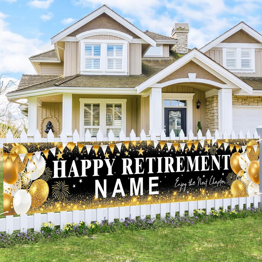 Happy Retirement Banner, Personalized Retire 99 x 20 inches, Gold