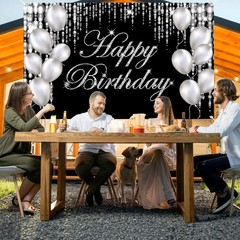 Silver Black Happy Birthday Backdrop Banner Photography Background Party Decor