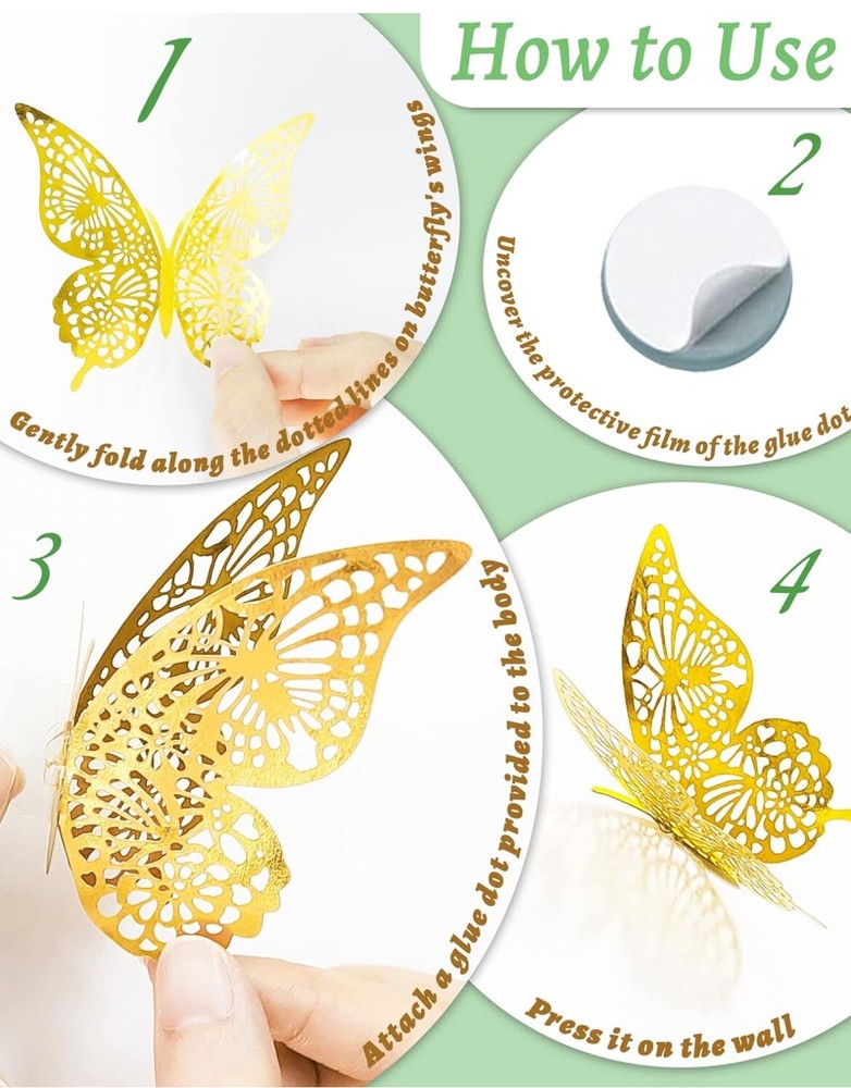 24 pcs 3D Butterfly Decorative Cutout Stickers Gold Two Styles 4 Sizes. 4” 3” 2”