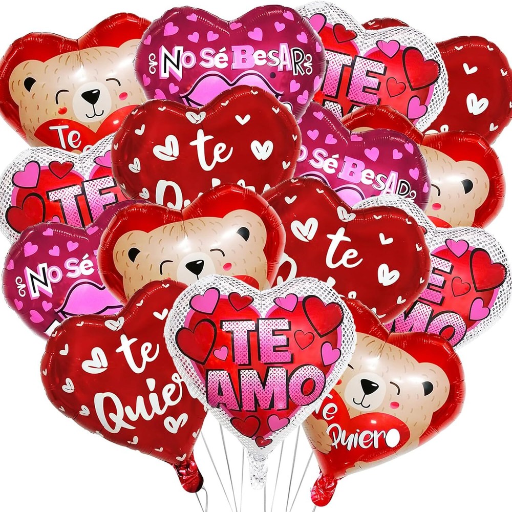 16Pcs Valentine’S Day Party Balloons Red Heart Shaped Foil Balloons Spanish Te A