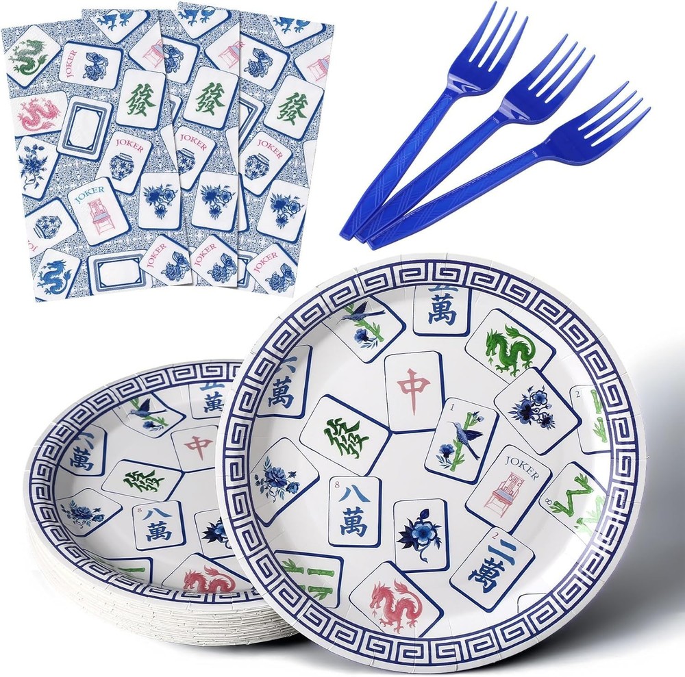 Mahjong Game Disposable Tableware (Plates, Napkins, Forks) Serves 35 Guests