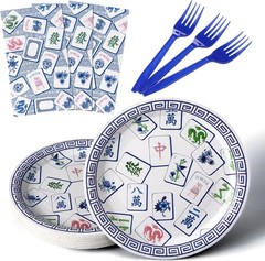 Mahjong Game Disposable Tableware (Plates, Napkins, Forks) Serves 35 Guests