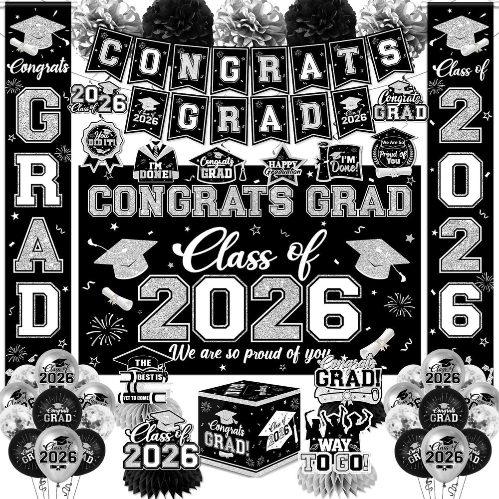 Black and Silver Graduation Decorations 2026 Set, All-In-1 Kit with Congrats Gra