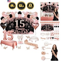 15th Birthday Decorations for Girls, 49pcs Black Rose Gold Black Banner, Tabl…